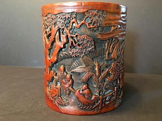 ANTIQUE Chinese Bamboo Carved Brush pot or Bitong, 6 1/4" h x 5 1/2" W