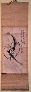 ANTIQUE Chinese or Japanese Watercolor Shrimps, marked. Late 19th C, 24" x 8"