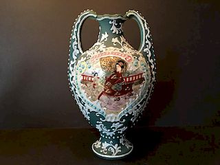 ANTIQUE Japanese Satsuma Miage Vase with figurines, 1900-1920. 13" high
