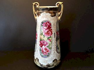 ANTIQUE Japanese Large NIPPON Vase with Gilt Handles, 16 1/2" HIGH. Late 19th century