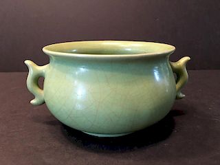 Fine Chinese Monochrome Green Censer with two ears on side. Mark on the bottom.