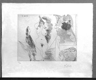 Picasso, Pablo,  Spanish 1881-1973,"JEUNE FEMME ET GENTILHOMME SCULPTURE EGYPTIENNE AU SOCLE PEINT" from 347 Series, No. 323,