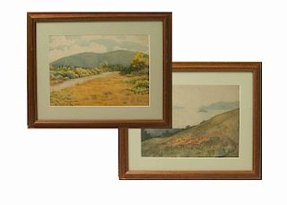 Two Watercolor Landscape Paintings in the style of Marion Wachtel