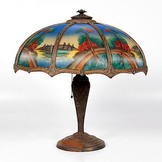 Table Lamp with Reverse Painted Panel Shade 