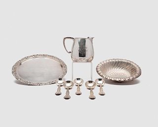 TIFFANY & COMPANY Water Pitcher, Chrysanthemum Pattern Tray, and Twelve Soup Spoons together with GORHAM Silver Bowl