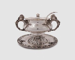 SHREVE CRUMP & LOW Punch Bowl, Tray and Ladle, with grape vine and cluster decoration