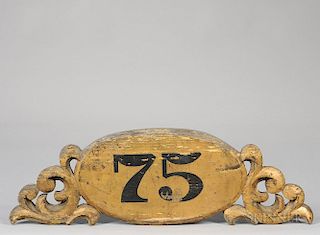 Gilt and Painted Carved Wood "75" Plaque