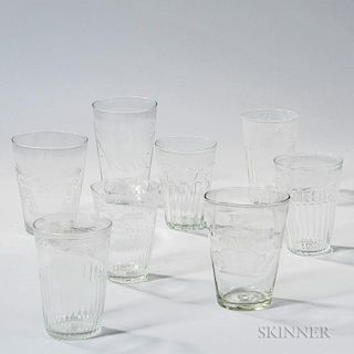 Eight Blown or Blown-molded Etched Flip Glasses