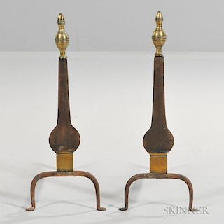 Pair of Wrought Iron and Brass Knife Blade Andirons