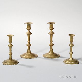Two Pairs of Petal/Lobed-base Brass Candlesticks