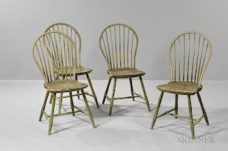 Set of Four Light Green-painted Bamboo-turned Bow-back Windsor Chairs