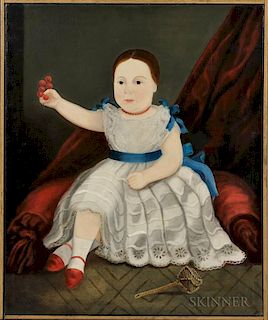 American School, 19th Century      Portrait of a Seated Girl in White Dress Holding Grapes