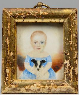 Attributed Clarissa Peters Russell (Massachusetts, 1809-1854)      Miniature Portrait of a Child in a Blue Dress Holding a Do