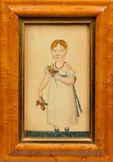 American School, Early 19th Century      Watercolor Portrait of a Young Girl Holding Flowers