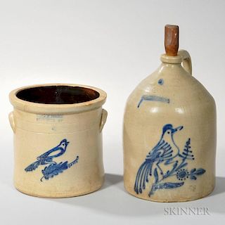 Two Cobalt Bird-decorated Stoneware Items