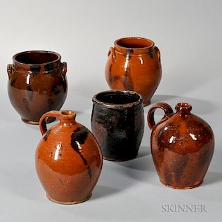 Three Redware Jars and Two Redware Jugs