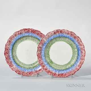 Pair of Red-, Blue-, and Green-banded Spatterware Plates