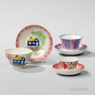 Three Spatterware Teacups and Saucers