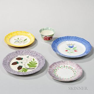 Four Decorated Spatterware Plates and a House Teacup