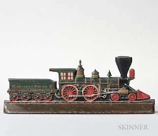 Cast Iron and Paint-decorated L.D. Wood Locomotive and Tender Doorstop