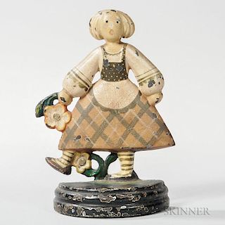Cast Iron and Paint-decorated Littco Foundry Girl Kicking Flower Doorstop