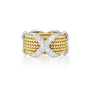 Tiffany & Co. Schlumberger Six Row Gold Rope and Diamond "X" Ring