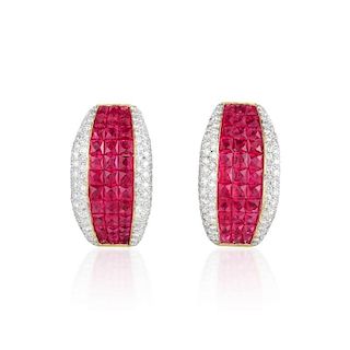 A Pair of Invisible-Set Ruby and Diamond Earrings