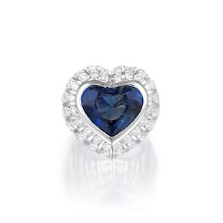 A Sapphire and Diamond Heart-Shaped Ring