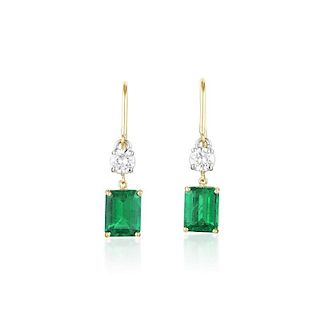 A Pair of Emerald and Diamond Drop Earrings