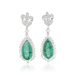 A Pair of Diamond and Emerald Drop Earrings