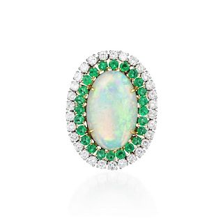 An Opal, Diamond and Emerald Pin