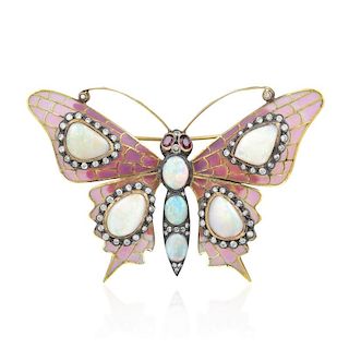 A Plique-a-Jour Opal Diamond Butterfly Pin