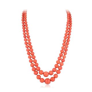 A Vintage Two-Strand Coral Bead Necklace