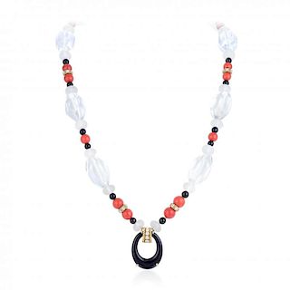 Seaman Schepps Rock Crystal, Coral, Diamond and Onyx Necklace