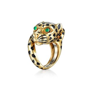 David Webb Emerald and Enamel Leopard Ring