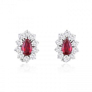 A Pair of Unheated Burmese Ruby and Diamond Earrings