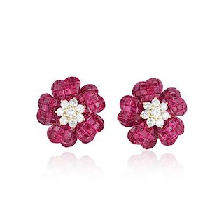 A Pair of Invisibly-Set Ruby Flower Earrings