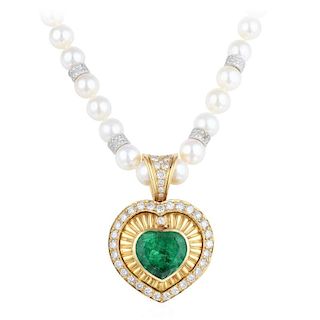 An Emerald, Diamond and Pearl Heart Pendant Necklace