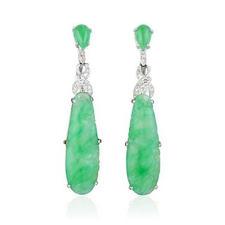 A Pair of Diamond and Carved Jade Drop Earrings