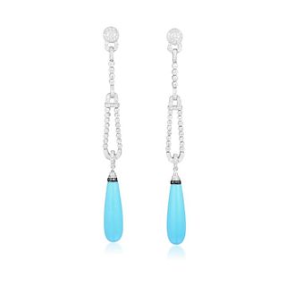 A Pair of Diamond and Turquoise Drop Earrings