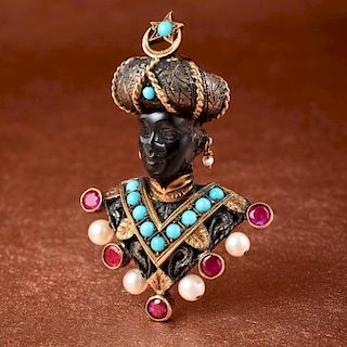 Nardi Turquoise, Pearl and Ruby "Moretto" Blackamoor Brooch