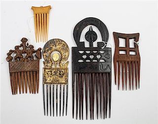 * A Collection of Five African Combs Length of longest 11 inches.