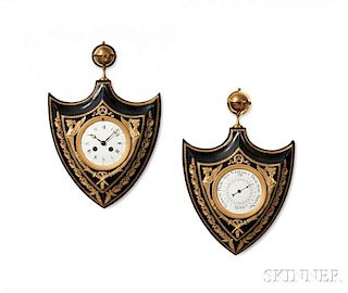 Patinated Brass and Ormolu-mounted Shield-form Clock and Barometer Set