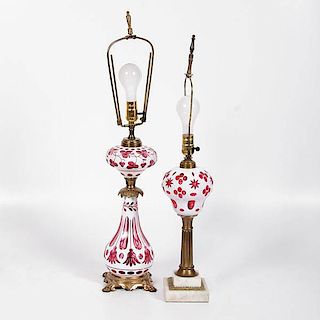 White Cut-to-Cranberry Glass Lamps 