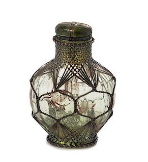 * An Emile Galle Enameled Glass and Silver Wire Wrapped Bottle, Height 5 1/2 inches.