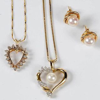 Three Pieces 14kt. Diamond & Pearl Jewelry