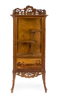 * An Emile Galle Various Woods Marquetry Vitrine, Height 58 1/4 x width 25 x depth 17 3/4 inches.