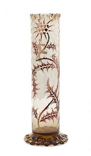* An Emile Galle Enameled Glass Vase, Height 12 3/4 inches.
