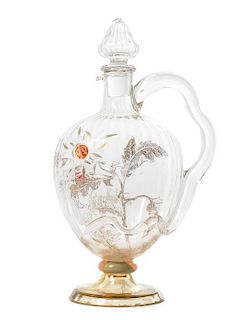 * An Emile Galle Enameled and Applied Glass Wine Ewer, Height 10 3/8 inches.