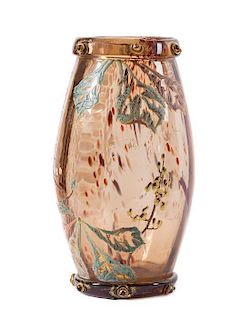 * An Emile Galle Enameled and Applied Glass Vase, Height 9 1/2 inches.